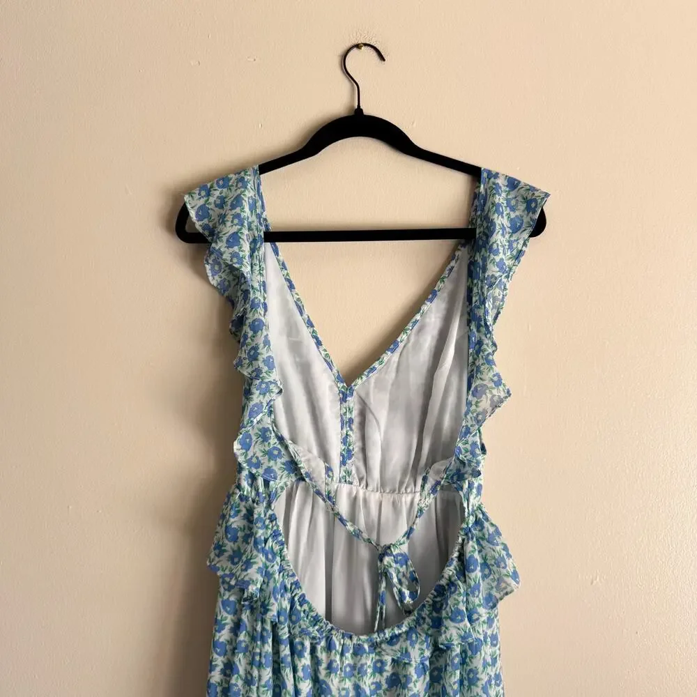 Lush Blue + White Floral Print V Neck Ruffle Tiered Open Back Maxi Dress XL